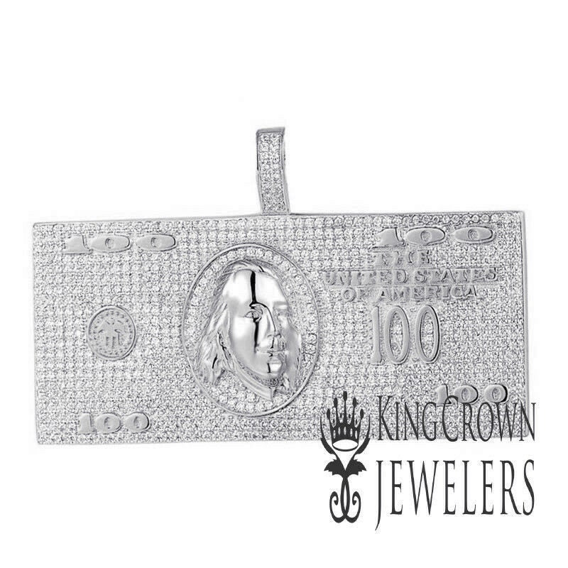 Mens Real White Gold Sterling Silver Simulated Diamond 100 Dollar Money Bill Cash Custom Pendant Charm