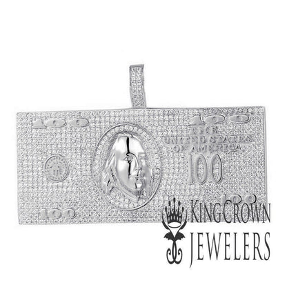 Mens Real White Gold Sterling Silver Simulated Diamond 100 Dollar Money Bill Cash Custom Pendant Charm