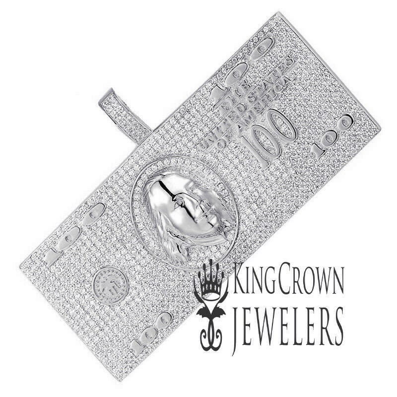 Mens Real White Gold Sterling Silver Simulated Diamond 100 Dollar Money Bill Cash Custom Pendant Charm
