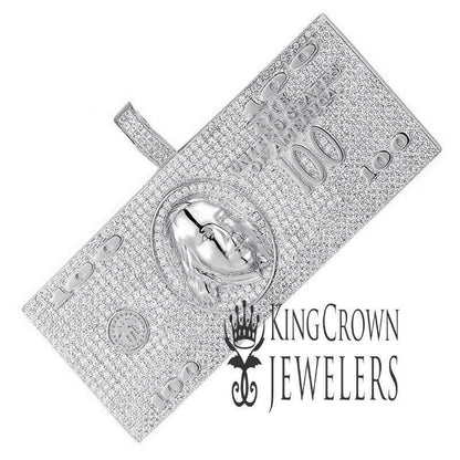 Mens Real White Gold Sterling Silver Simulated Diamond 100 Dollar Money Bill Cash Custom Pendant Charm