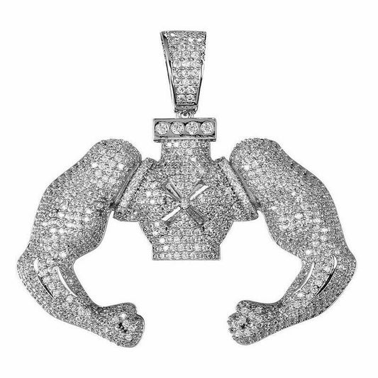 Real Sterling Silver Men's Big Block Flexing Work Out Custom White Gold Tone Pendant Charm