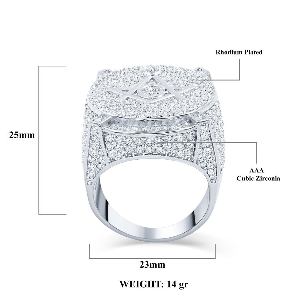 Mens Real Sterling Silver 14K White Gold Finish Simulated Diamond Masonic Free Mason G Compass Ring Band