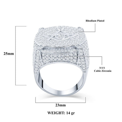 Mens Real Sterling Silver 14K White Gold Finish Simulated Diamond Masonic Free Mason G Compass Ring Band