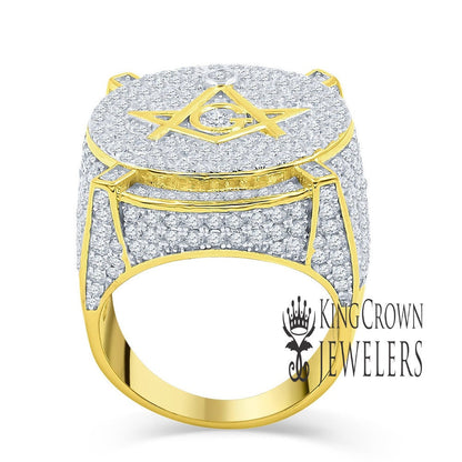 Mens Real Yellow Gold Sterling Silver Simulated Diamond Masonic Free Mason G Compass Pinky Ring Band