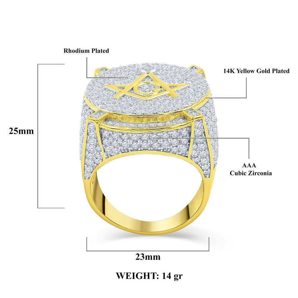 Mens Real Yellow Gold Sterling Silver Simulated Diamond Masonic Free Mason G Compass Pinky Ring Band