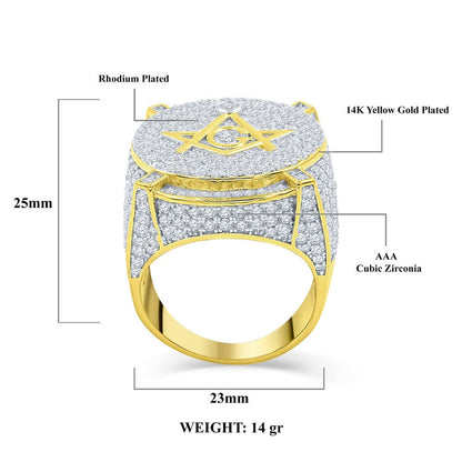 Mens Real Yellow Gold Sterling Silver Simulated Diamond Masonic Free Mason G Compass Pinky Ring Band