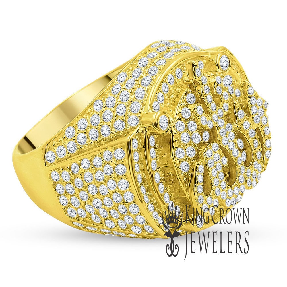 Mens Real Yellow Gold Sterling Silver Simulated Diamond Allah God Muslim Islamic Pinky Ring Band