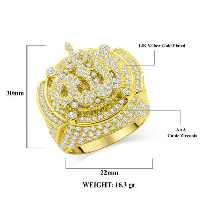 Mens Real Yellow Gold Sterling Silver Simulated Diamond Allah God Muslim Islamic Pinky Ring Band