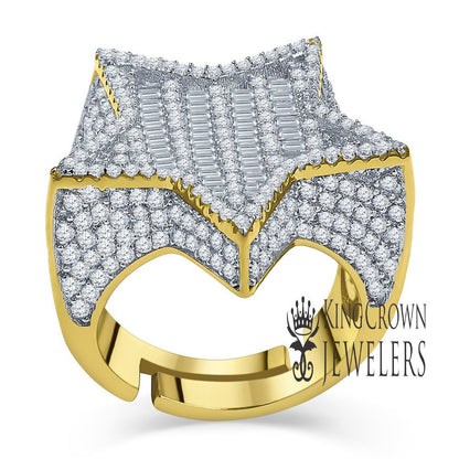 Real Sterling Silver 14K Yellow Gold Finish Lab Diamond Designer Baguette Men's Star Ring Band Big Bold