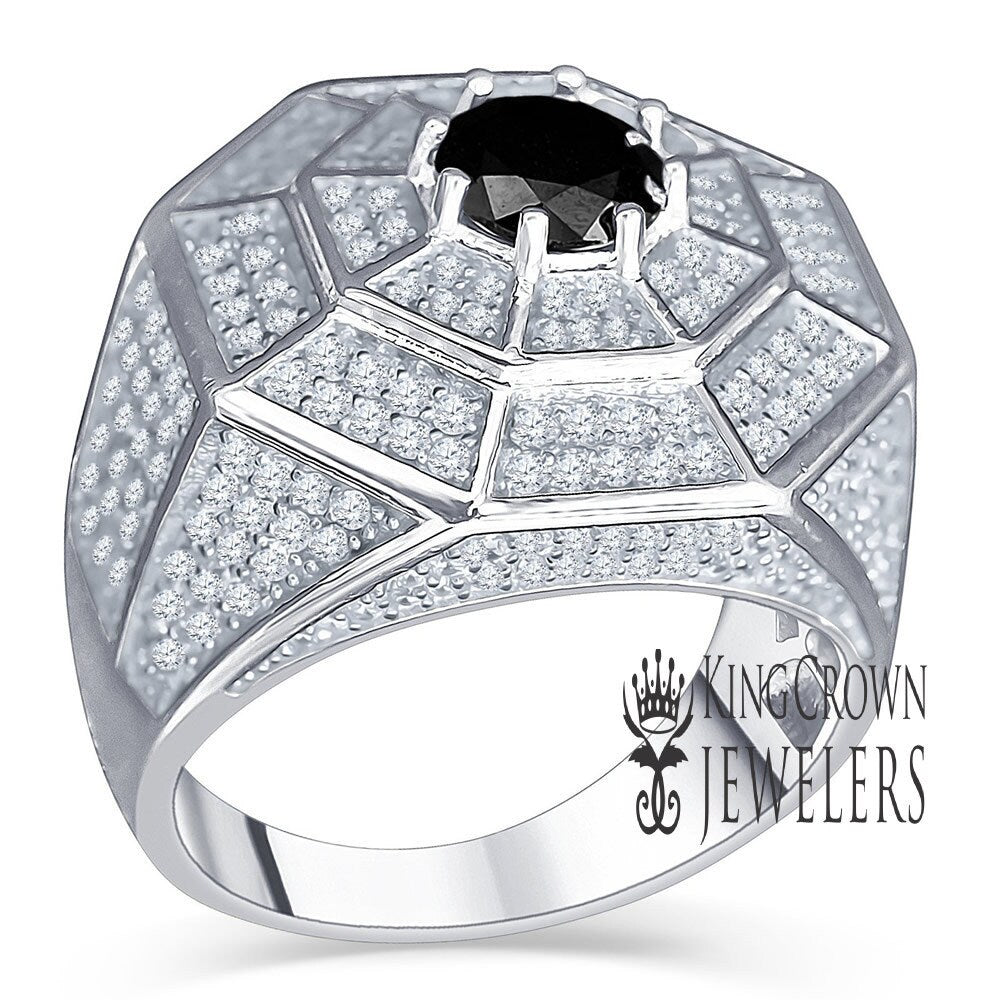 Pure Italian Sterling Silver 14K White Gold Finish Simulated Diamond Micro Pave Black Onyx Mens Ring Band