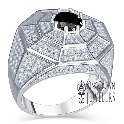 Pure Italian Sterling Silver 14K White Gold Finish Simulated Diamond Micro Pave Black Onyx Mens Ring Band