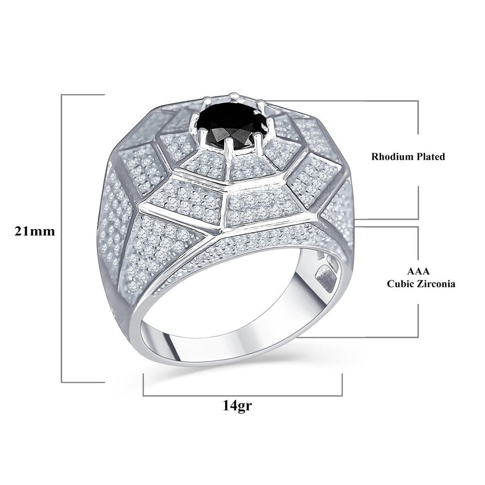 Pure Italian Sterling Silver 14K White Gold Finish Simulated Diamond Micro Pave Black Onyx Mens Ring Band