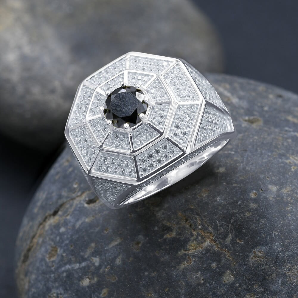 Pure Italian Sterling Silver 14K White Gold Finish Simulated Diamond Micro Pave Black Onyx Mens Ring Band