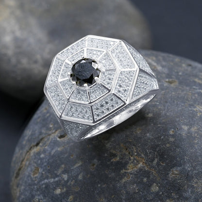 Pure Italian Sterling Silver 14K White Gold Finish Simulated Diamond Micro Pave Black Onyx Mens Ring Band