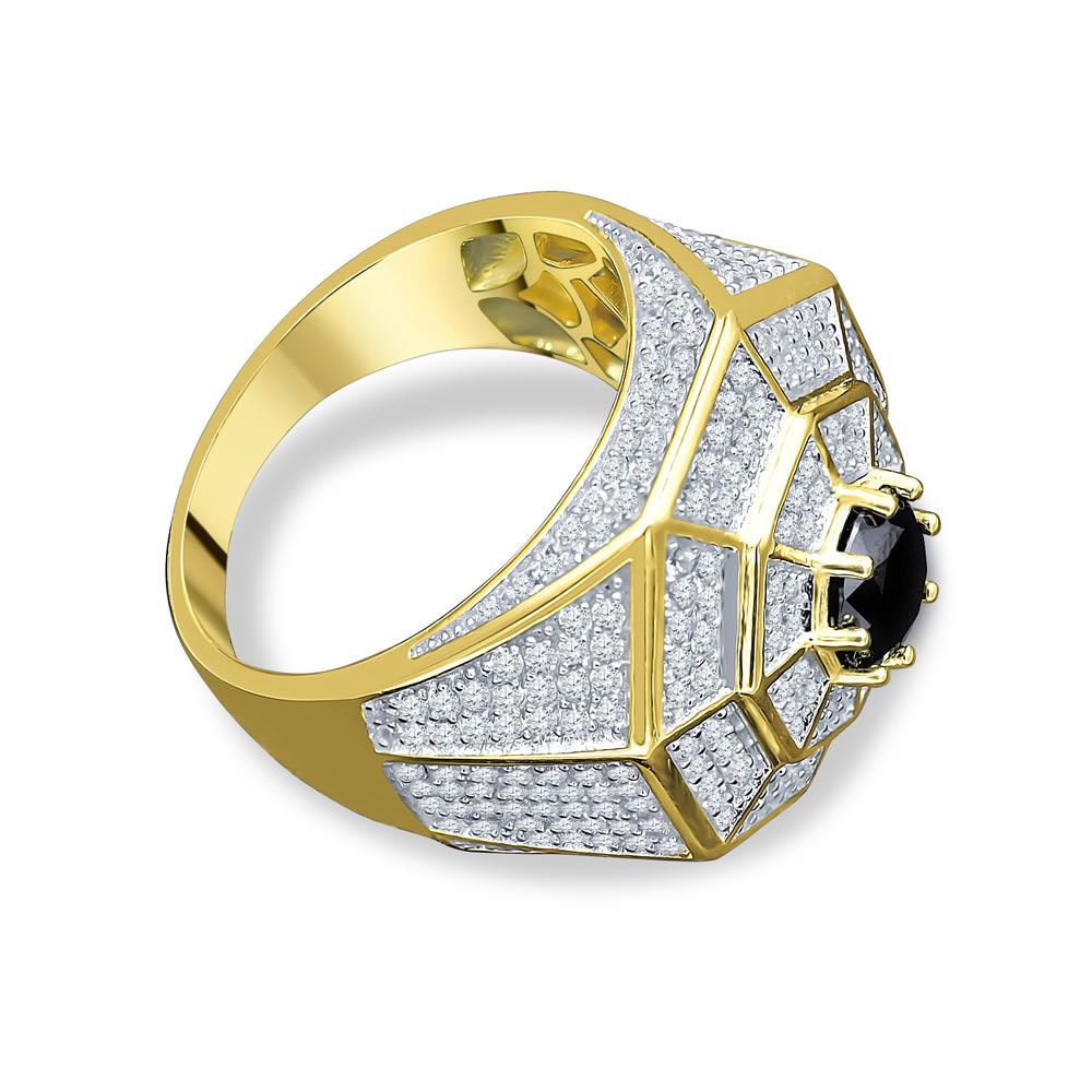 Pure Italian Sterling Silver 14K Yellow Gold Finish Simulated Diamond Micro Pave Black Onyx Mens Ring Band