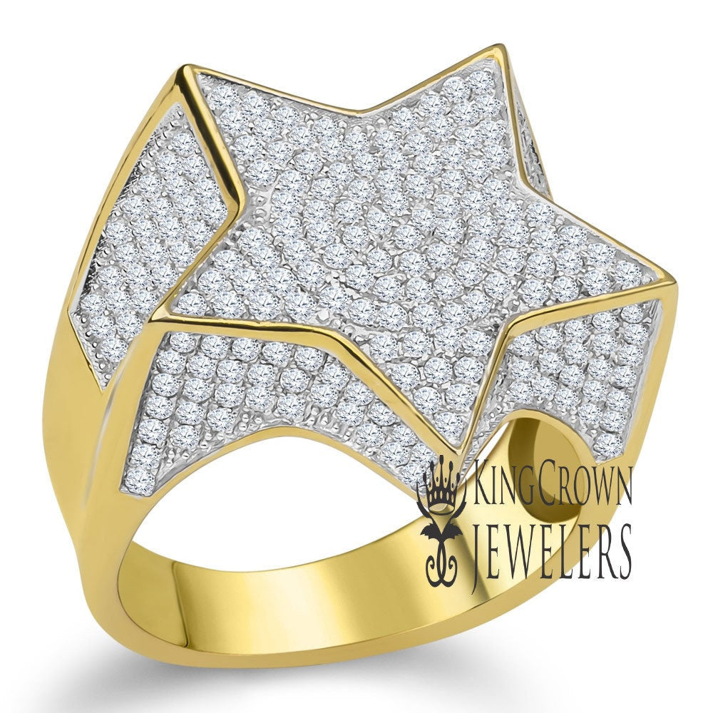 14K Real Yellow Gold On Genuine Sterling Silver Simulated Diamond Mens Micro Pave Ring Band