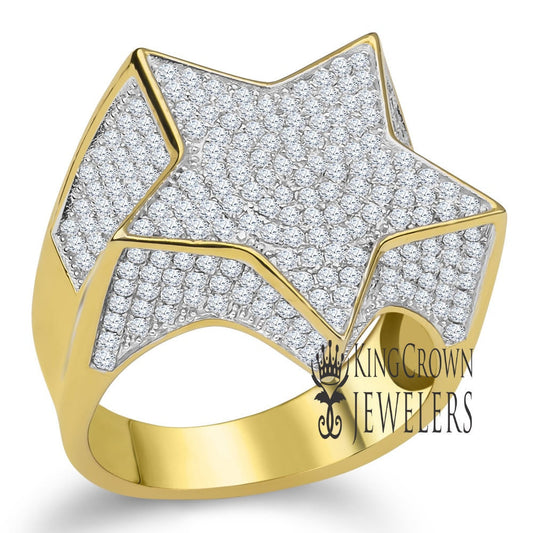 14K Real Yellow Gold On Genuine Sterling Silver Simulated Diamond Mens Micro Pave Ring Band