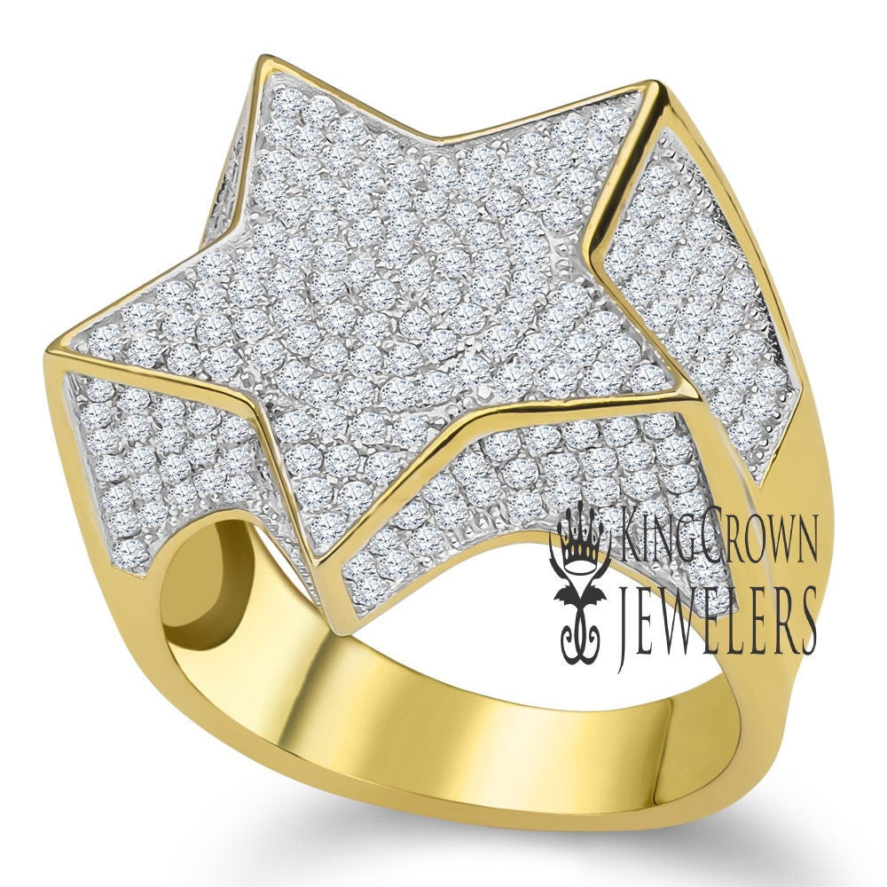 14K Real Yellow Gold On Genuine Sterling Silver Simulated Diamond Mens Micro Pave Ring Band