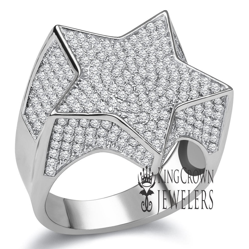 14K Real White Gold On Genuine Sterling Silver Simulated Diamond Mens Micro Pave Ring Band