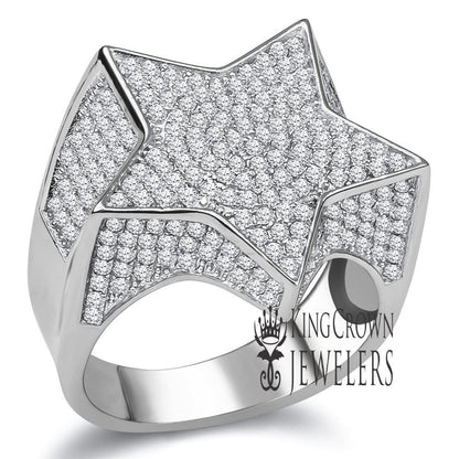 14K Real White Gold On Genuine Sterling Silver Simulated Diamond Mens Micro Pave Ring Band