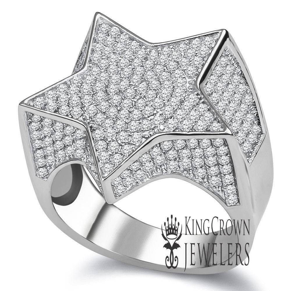 14K Real White Gold On Genuine Sterling Silver Simulated Diamond Mens Micro Pave Ring Band
