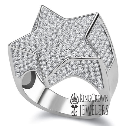 14K Real White Gold On Genuine Sterling Silver Simulated Diamond Mens Micro Pave Ring Band