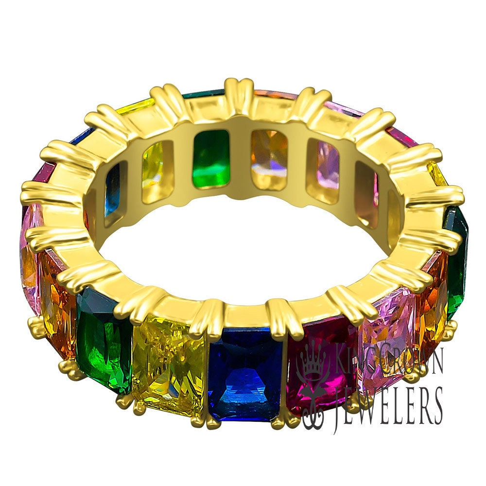 Princess Cut Rainbow Multi Tone Real Sterling Silver 14K Yellow Gold Finish Simulated Diamond Men's Band Ring