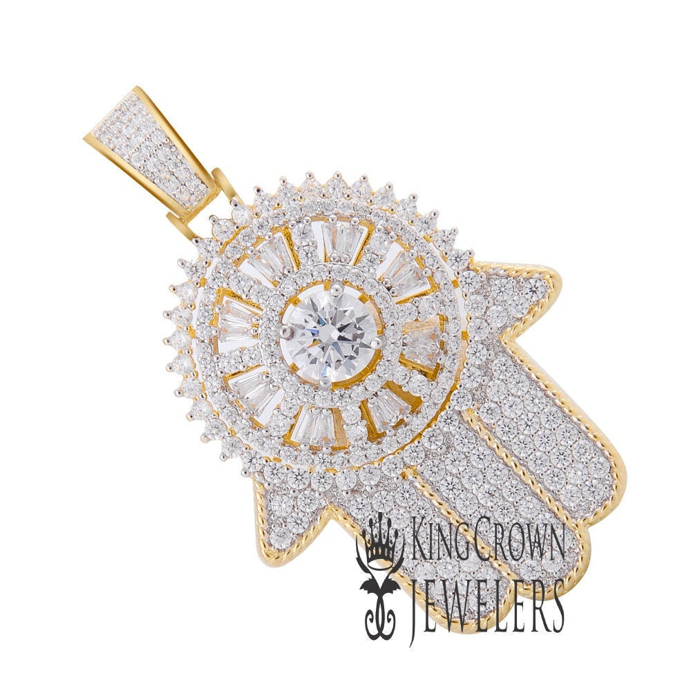 14K Yellow Gold Over Real Sterling Silver Lab Diamond Jewish Hamsa Hand Pendant Charm