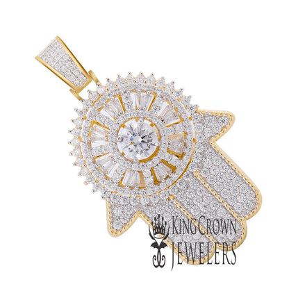 14K Yellow Gold Over Real Sterling Silver Lab Diamond Jewish Hamsa Hand Pendant Charm