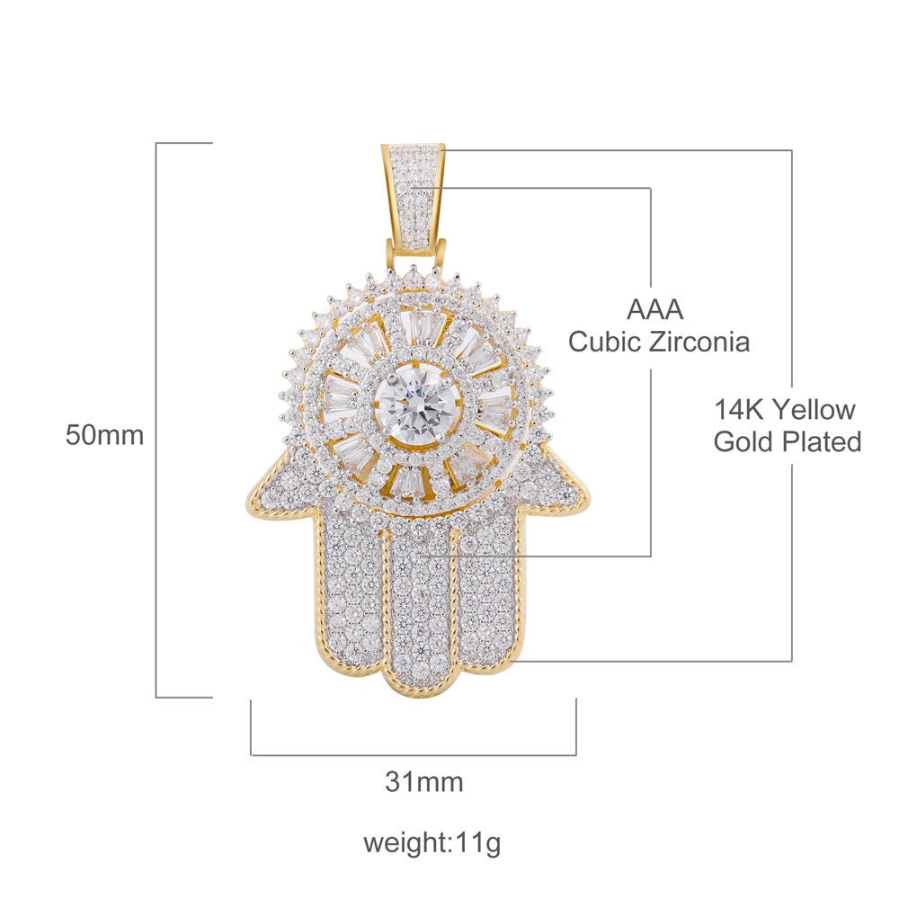 14K Yellow Gold Over Real Sterling Silver Lab Diamond Jewish Hamsa Hand Pendant Charm