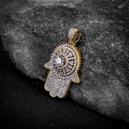14K Yellow Gold Over Real Sterling Silver Lab Diamond Jewish Hamsa Hand Pendant Charm
