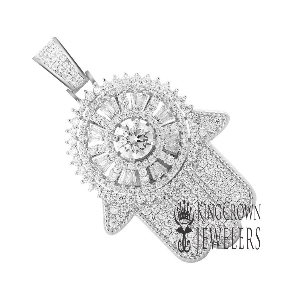 14K White Gold On Real Sterling Silver Lab Diamond Jewish Hamsa Hand Spinner Pendant Charm 2''