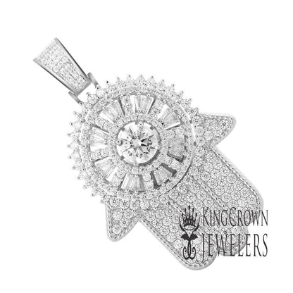 14K White Gold On Real Sterling Silver Lab Diamond Jewish Hamsa Hand Spinner Pendant Charm 2''