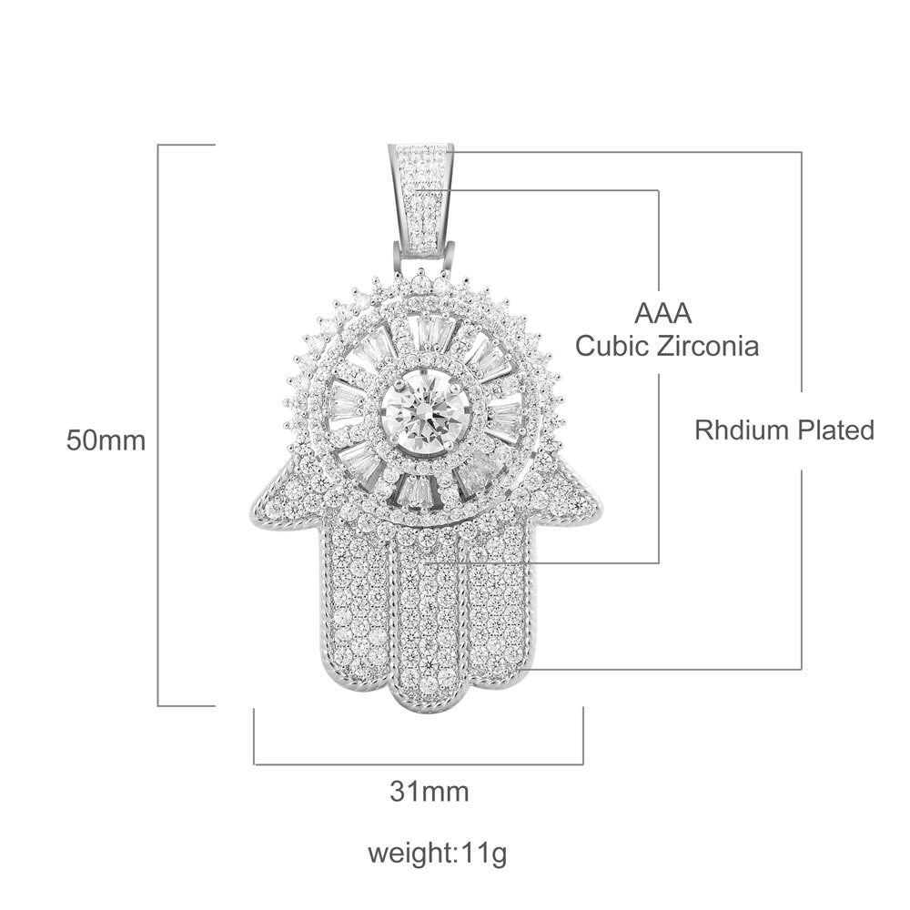 14K White Gold On Real Sterling Silver Lab Diamond Jewish Hamsa Hand Spinner Pendant Charm 2''