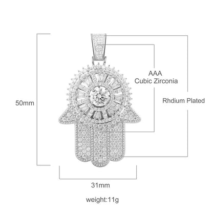 14K White Gold On Real Sterling Silver Lab Diamond Jewish Hamsa Hand Spinner Pendant Charm 2''