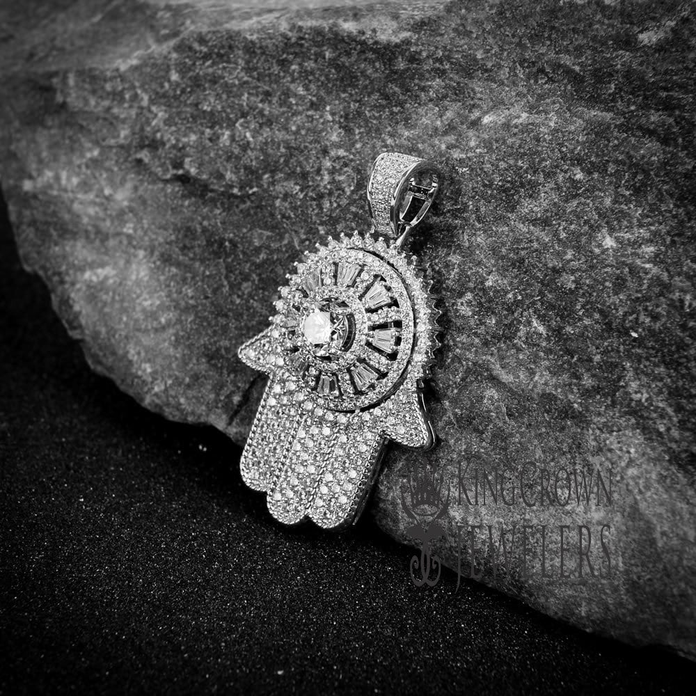 14K White Gold On Real Sterling Silver Lab Diamond Jewish Hamsa Hand Spinner Pendant Charm 2''