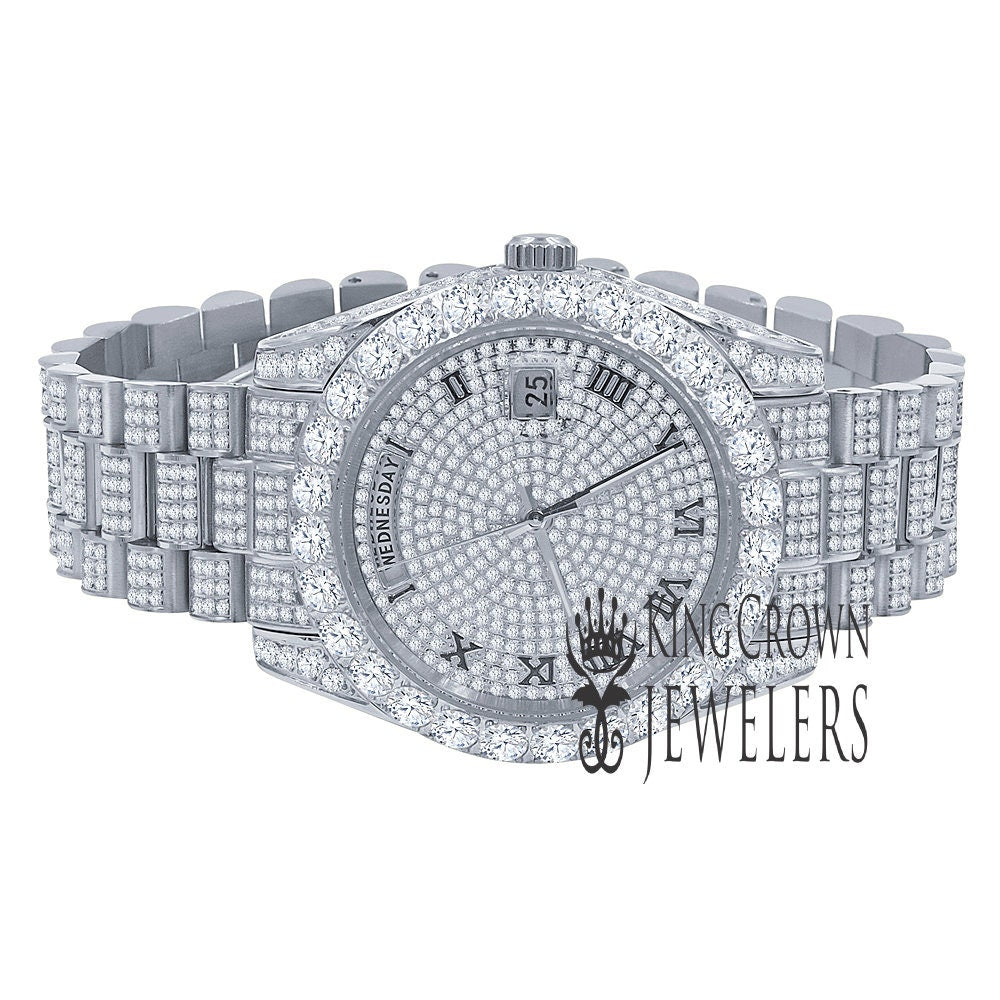 Stainless  Steel Day/Date Roman Face Solitaire Bezel 18K White Gold Finish Full Iced Out Dial & Band Men's Diamond Watch 40mm - Crown