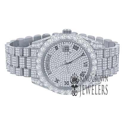 Stainless  Steel Day/Date Roman Face Solitaire Bezel 18K White Gold Finish Full Iced Out Dial & Band Men's Diamond Watch 40mm - Crown