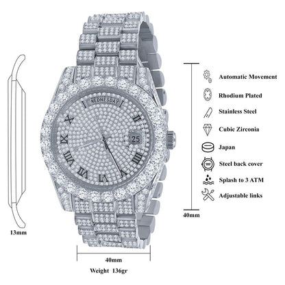 Stainless  Steel Day/Date Roman Face Solitaire Bezel 18K White Gold Finish Full Iced Out Dial & Band Men's Diamond Watch 40mm - Crown