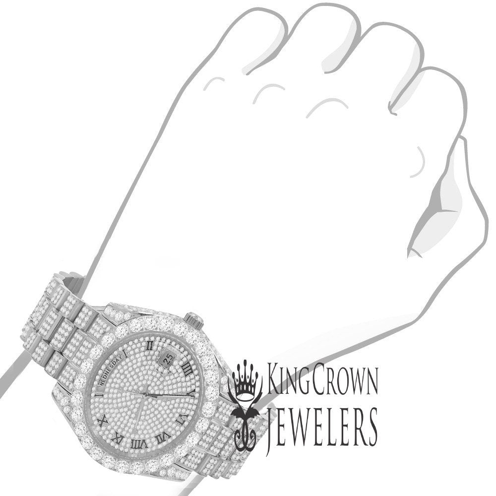 Stainless  Steel Day/Date Roman Face Solitaire Bezel 18K White Gold Finish Full Iced Out Dial & Band Men's Diamond Watch 40mm - Crown