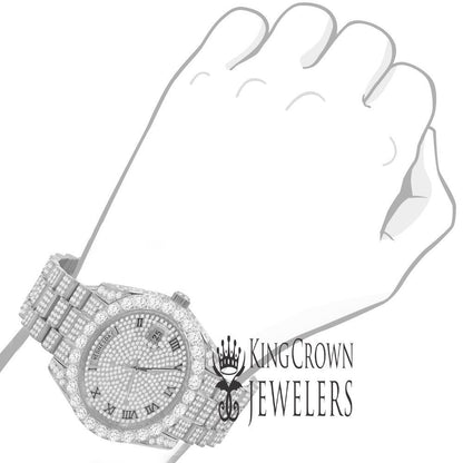Stainless  Steel Day/Date Roman Face Solitaire Bezel 18K White Gold Finish Full Iced Out Dial & Band Men's Diamond Watch 40mm - Crown