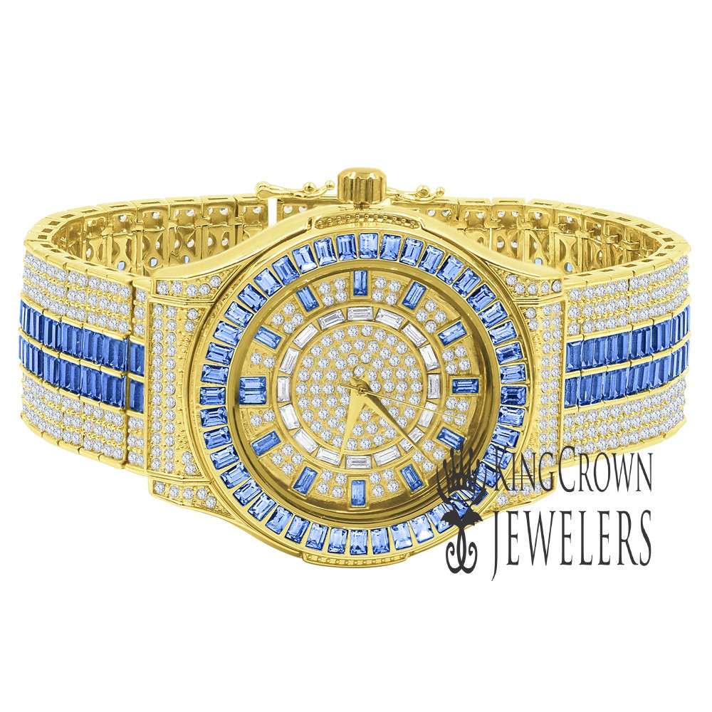 Mens Blue Sapphire Baguette Simulated Diamond 18K Gold Finish Iced Out Custom Band Luxury Watch