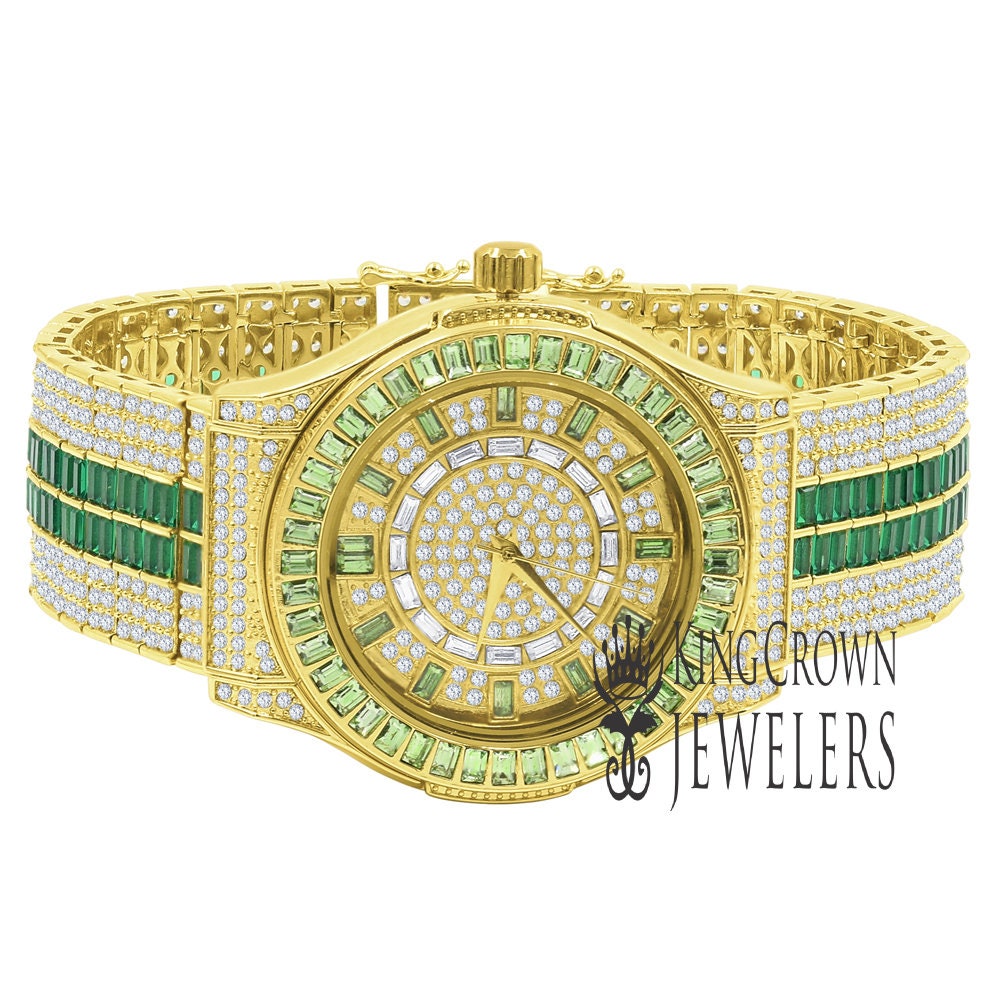 Mens Green Emerald Baguette Simulated Diamond 18K Gold Finish Iced Out Custom Band Luxury Watch