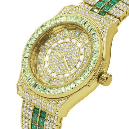 Mens Green Emerald Baguette Simulated Diamond 18K Gold Finish Iced Out Custom Band Luxury Watch