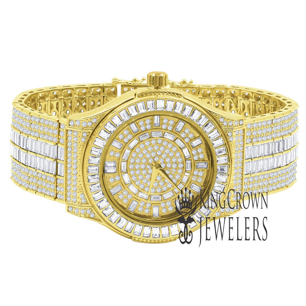 Fully Iced Out Baguette/Round Simulated Diamond 18K Yellow Gold Finish Custom Band Luxury Watch
