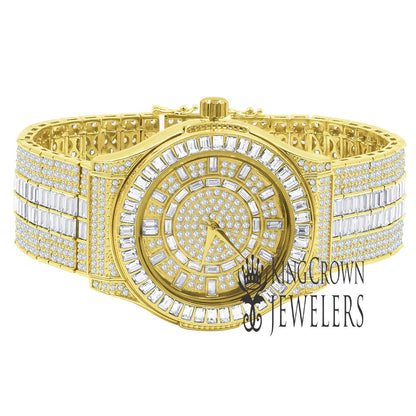 Fully Iced Out Baguette/Round Simulated Diamond 18K Yellow Gold Finish Custom Band Luxury Watch