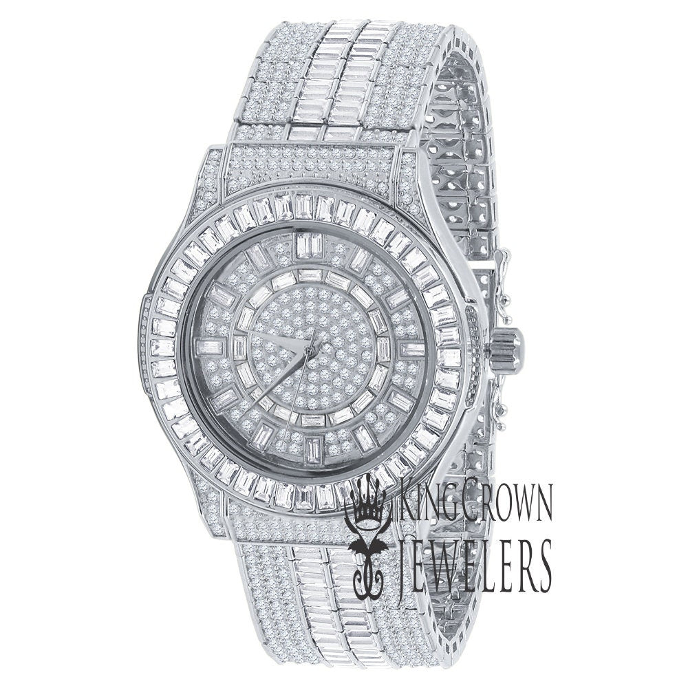 Mens 18K White Gold Finish Fully Iced Out Baguette/Round Cut Simulated Diamond Custom Band Luxury Watch