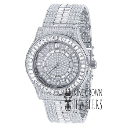 Mens 18K White Gold Finish Fully Iced Out Baguette/Round Cut Simulated Diamond Custom Band Luxury Watch