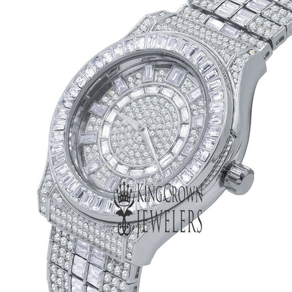 Mens 18K White Gold Finish Fully Iced Out Baguette/Round Cut Simulated Diamond Custom Band Luxury Watch