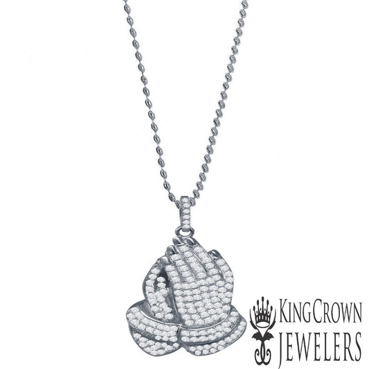 14k White Gold On Real Sterling Silver Praying Hand Necklace Chain Pendant Chain